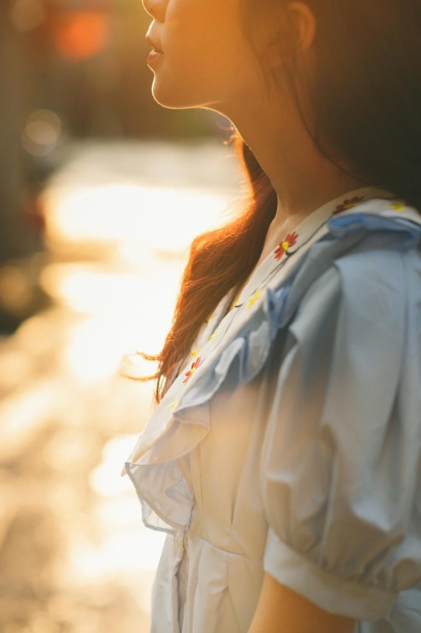 sunset, woman, street, portrait