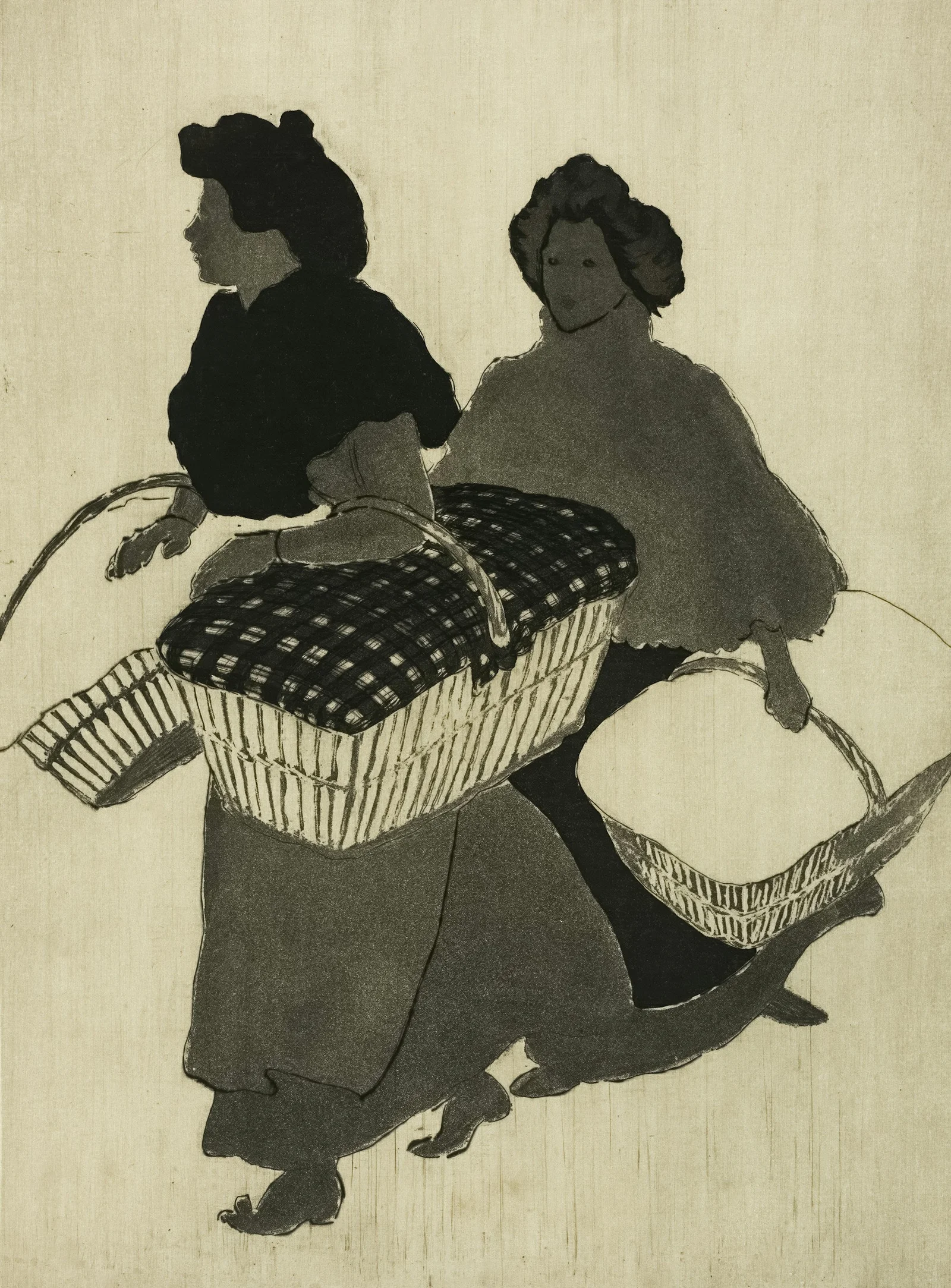 Two women carrying baskets and bundles