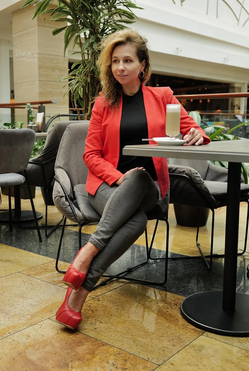 woman, café, shopping center, interior