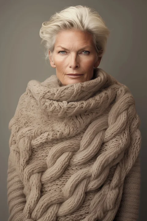 older woman, elegant woman, knitted sweater, silver hair