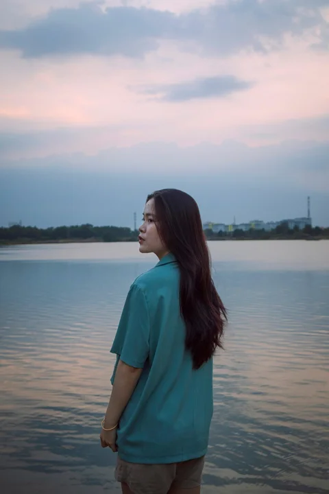 girl, lake, sunset, twilight
