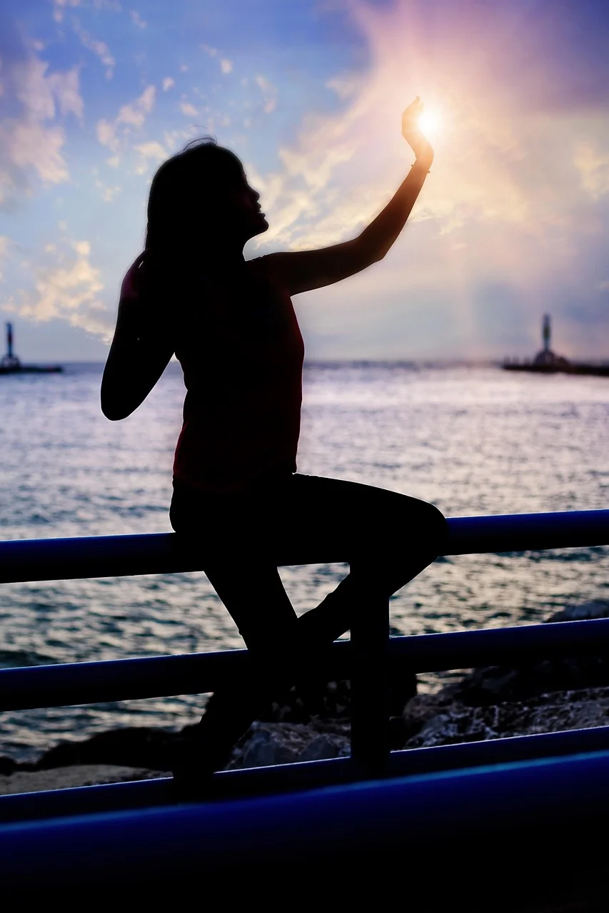 silhouette, sunset, girl, beach