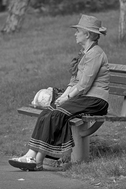 woman, elderly, bench, hat