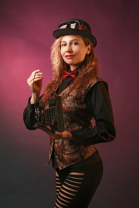 woman, photographer, vintage camera, steampunk