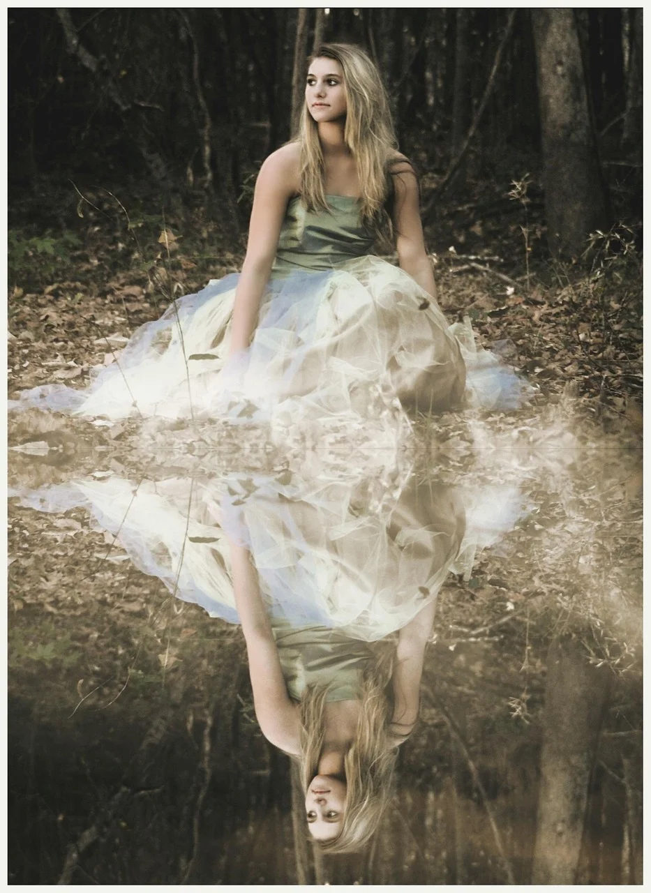 girl, woods, reflection, forest