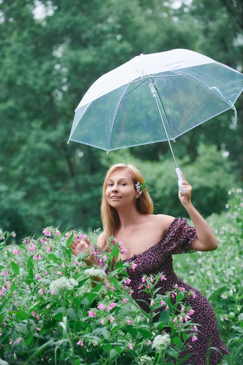 woman, umbrella, park, stroll