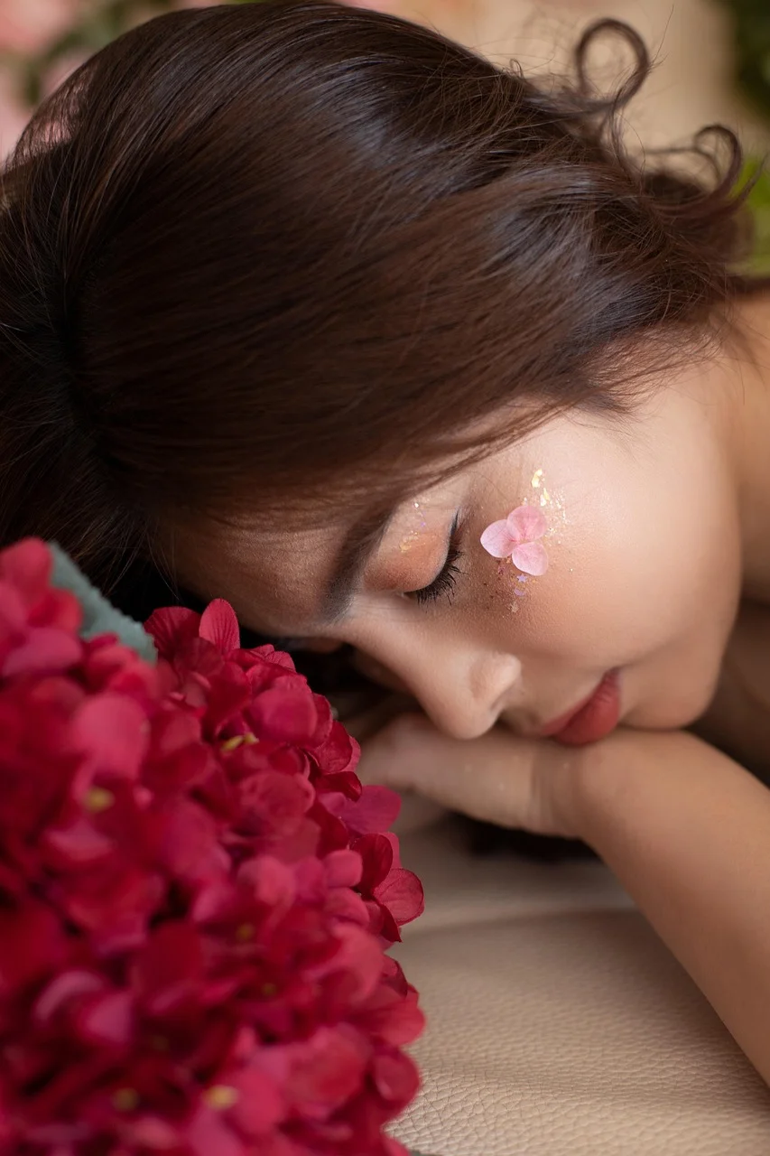 vietnamese woman, flowers, portrait, sleeping girl