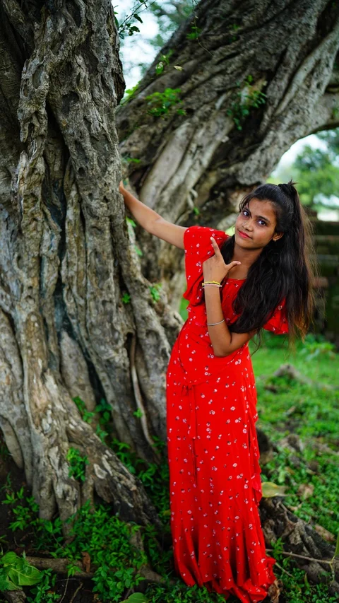 indian woman, red dress, outdoors, nature