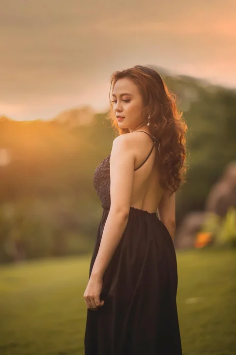女性、ドレス、夕焼け、ポートレート