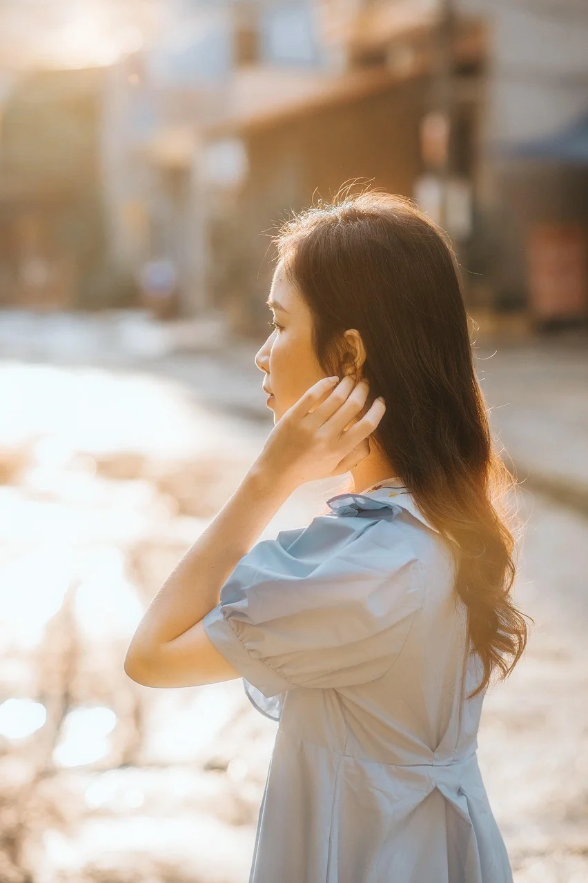 sunset, woman, street, portrait