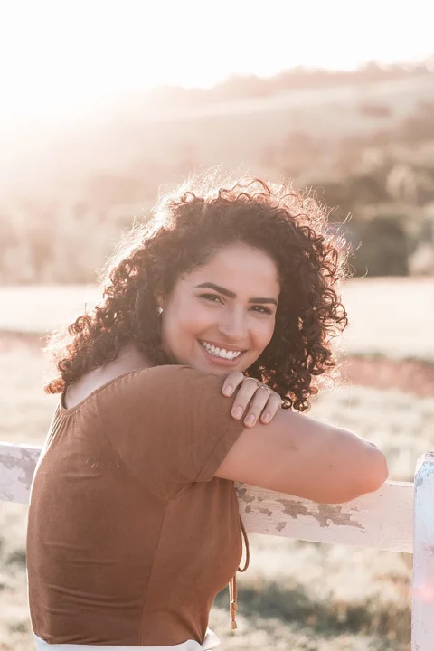 sun, woman, curls, smiling