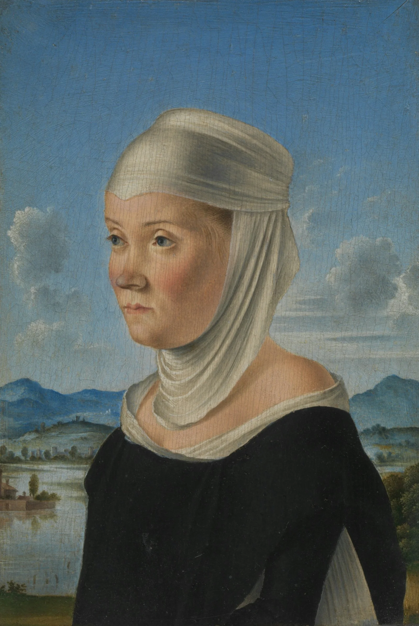 Painting of a woman in white head covering with landscape