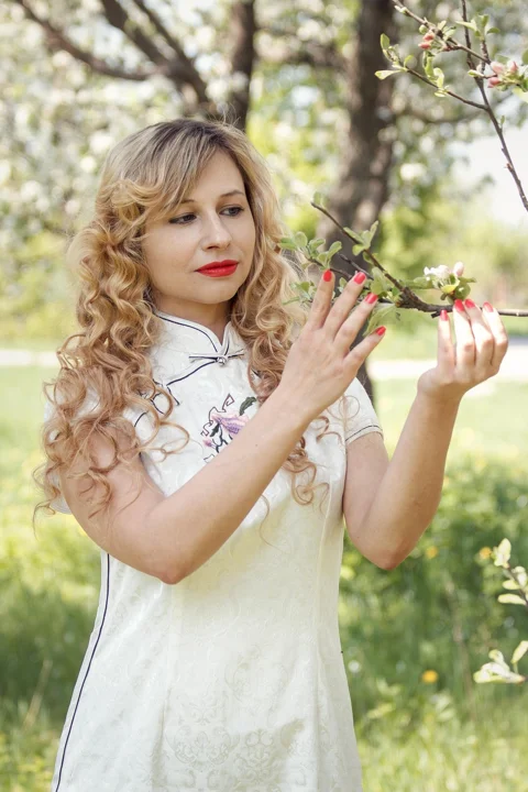 dress, cherry, blooming tree, young woman
