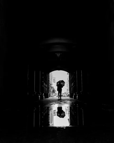 woman, rain, umbrella, tunnel
