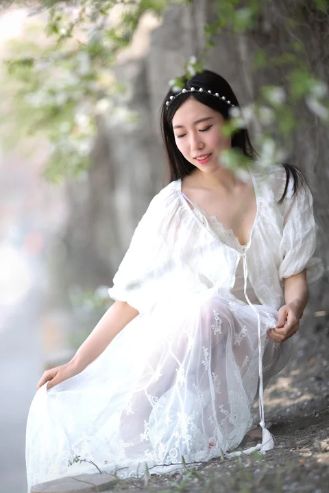 woman, forest, white dress, springtime
