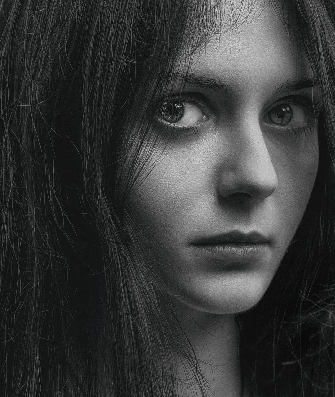 portrait, woman, expressionless, black and white
