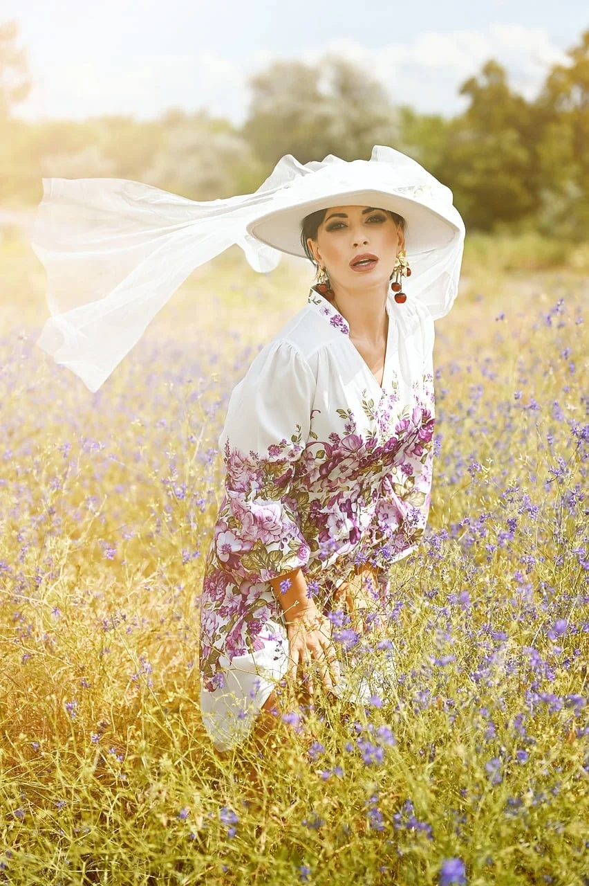 woman, hat, field, flowers