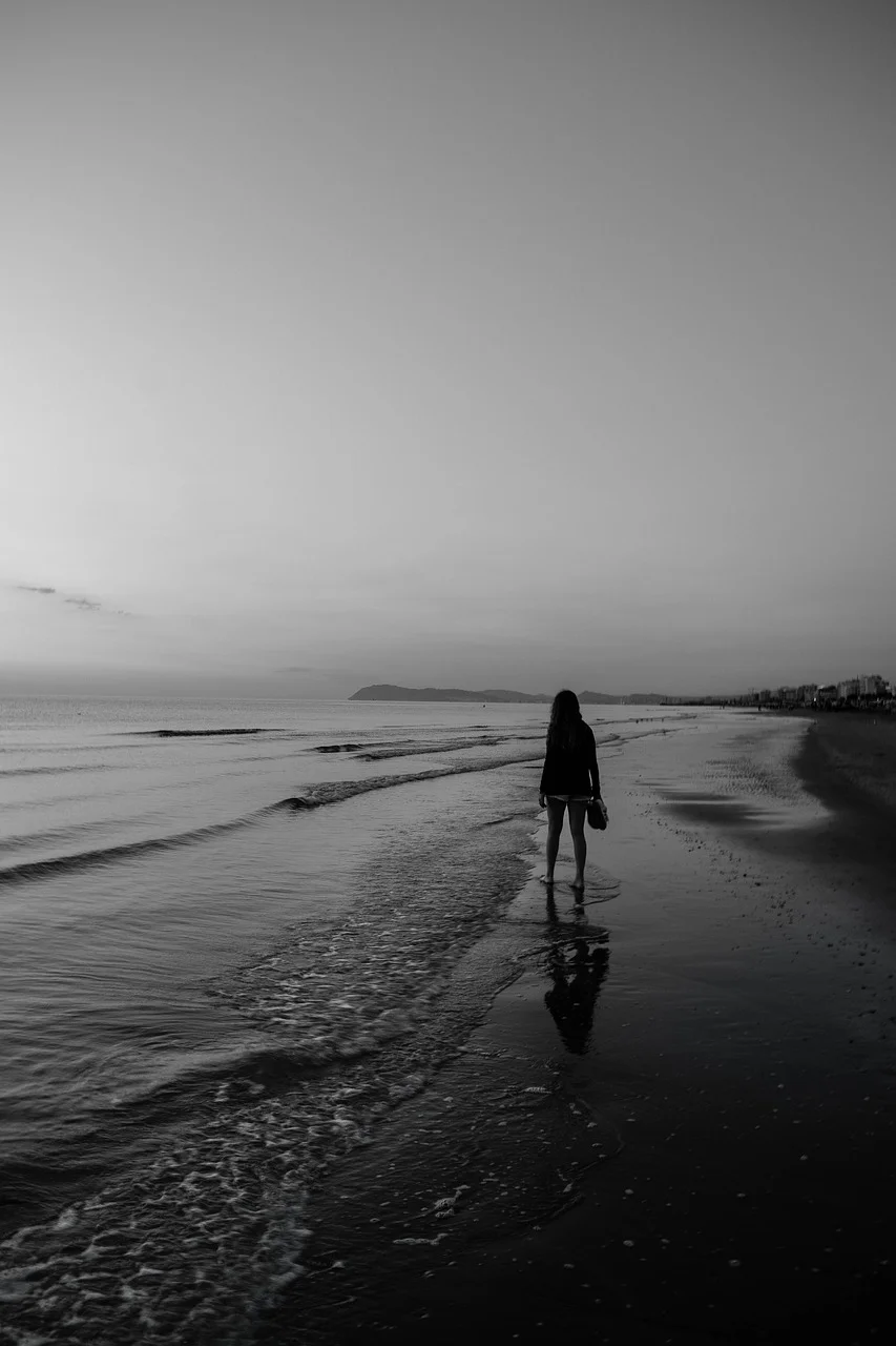 해변, 여성, 흑백, 소녀