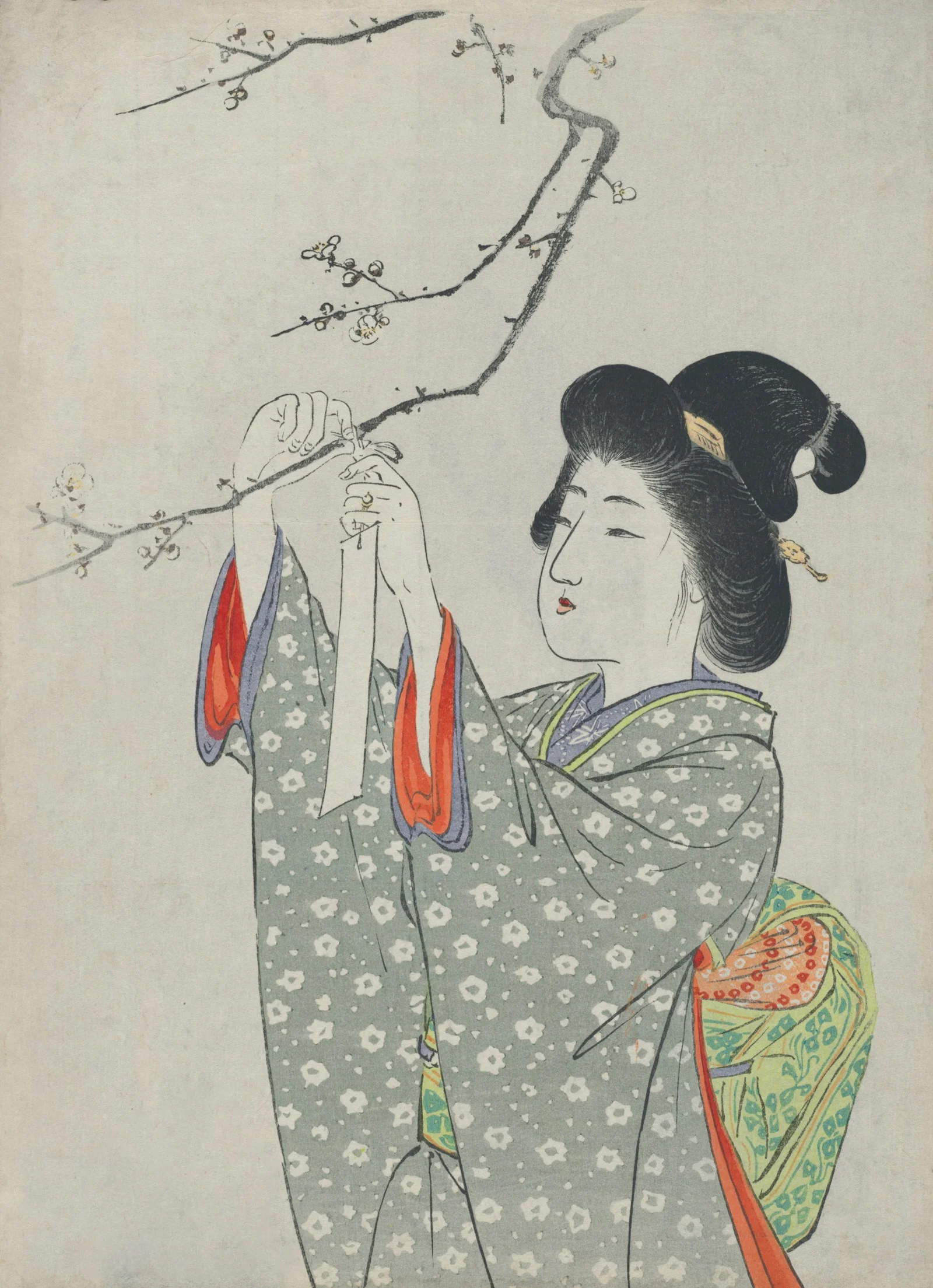 一位身穿和服、手持花枝的女士