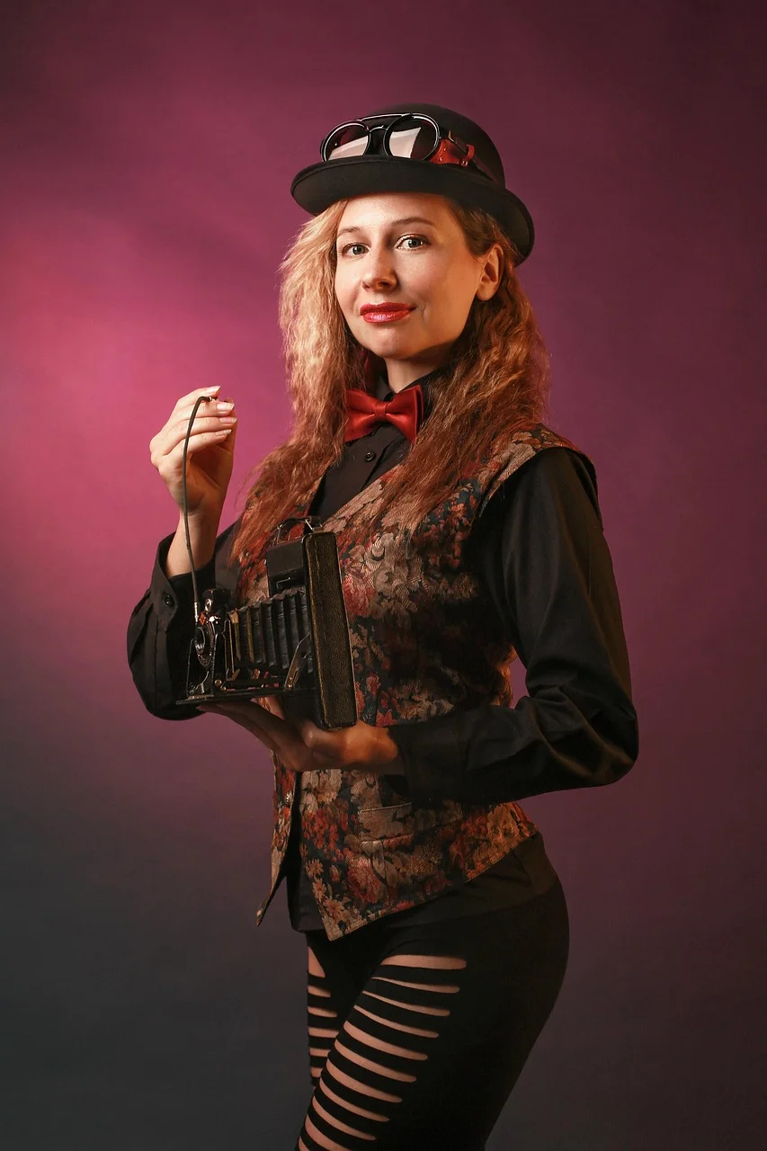 woman, photographer, vintage camera, steampunk