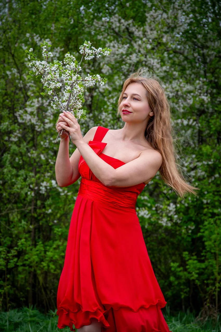 woman, red dress, blossoming, spring