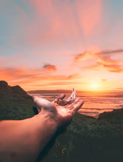 sunset, boat, young woman, hand