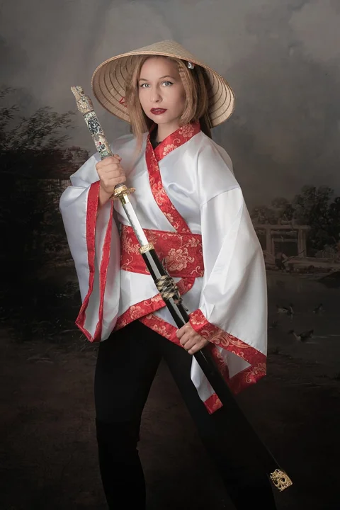 woman, traditional clothing, hat, samurai sword