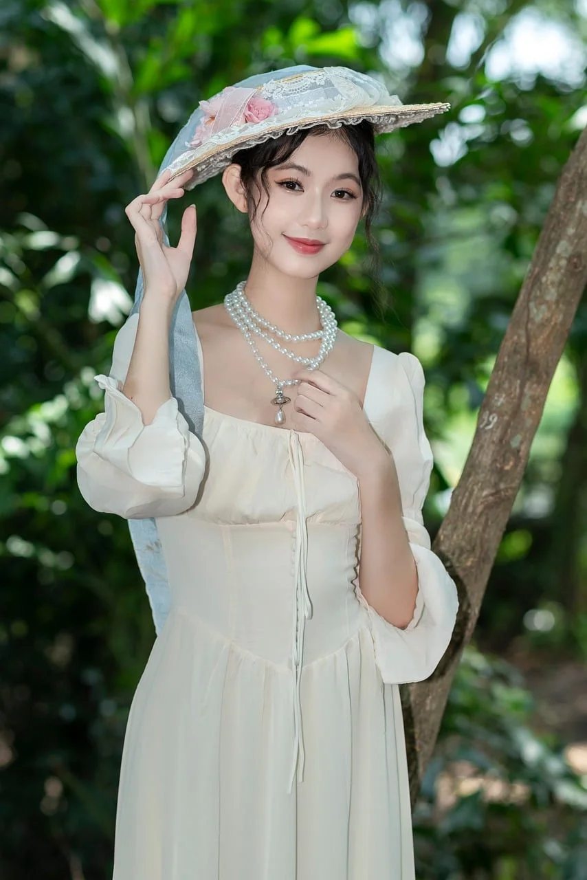 女性、アジア、帽子、白
