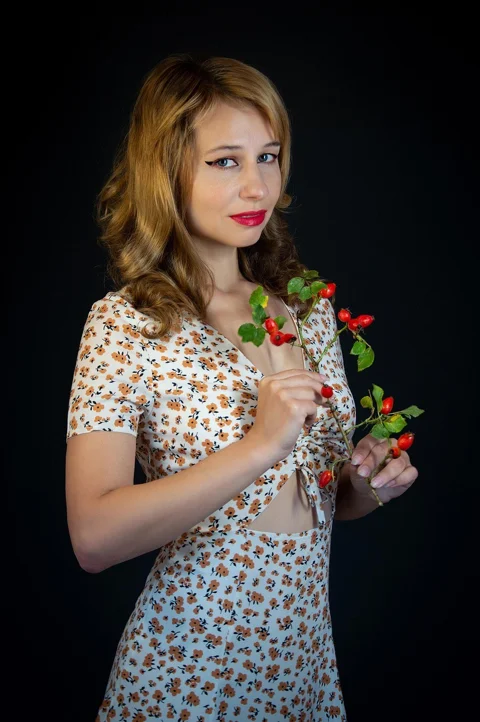 woman, curls, dress, leaves