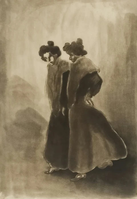 兩名穿復古洋裝的女子一起走著