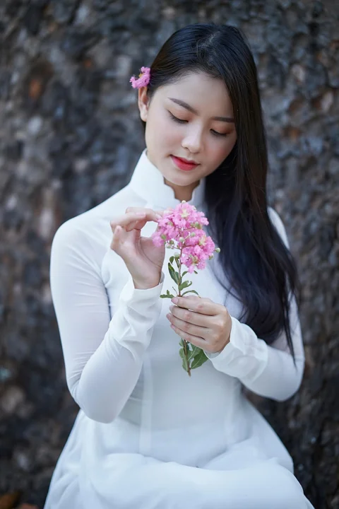 여성, 아오자이, 베트남인, 꽃