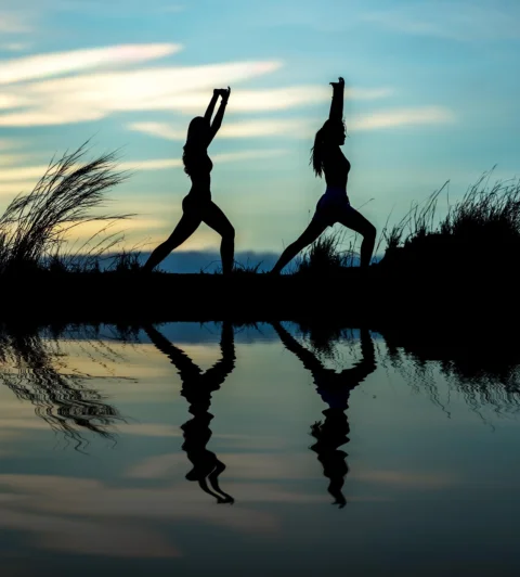 women, yoga, silhouettes, water