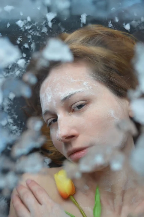 woman, tulip, frozen, snow