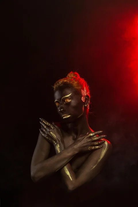 smoke, body painting, black skin, portrait