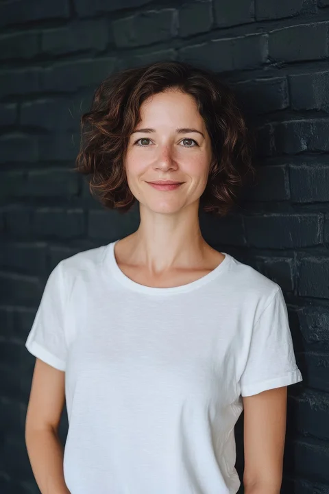 young woman, smile, white t-shirt, natural lighting