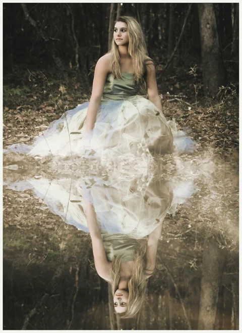 girl, woods, reflection, forest