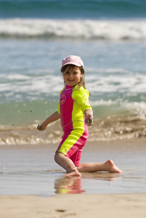 girl, wetsuit, beach, sand