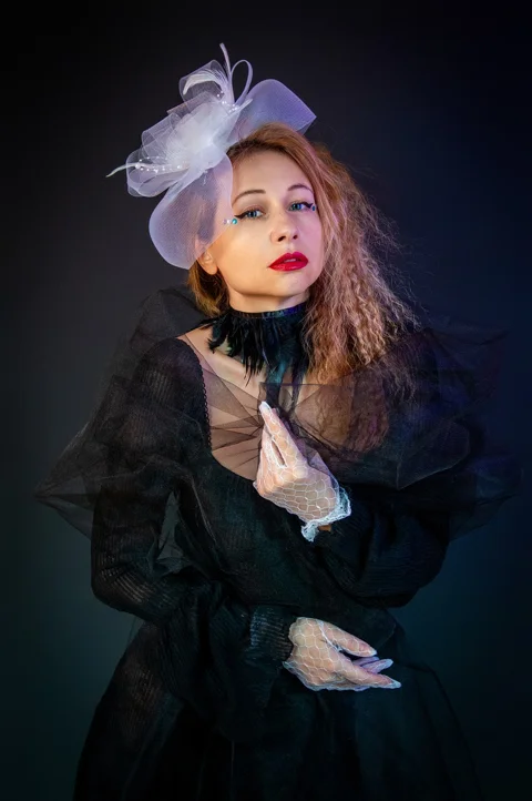 woman, portrait, hat, veil