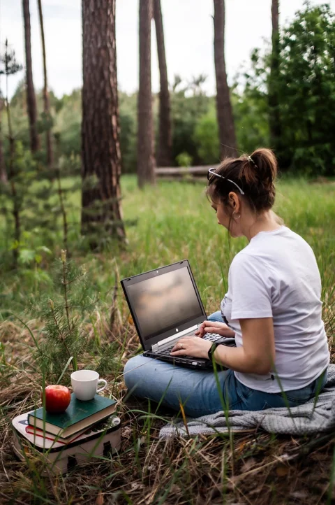 young woman, laptop, work, freelancer