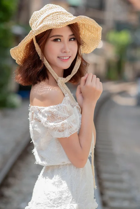어린, 소녀, 흰 드레스, 모자