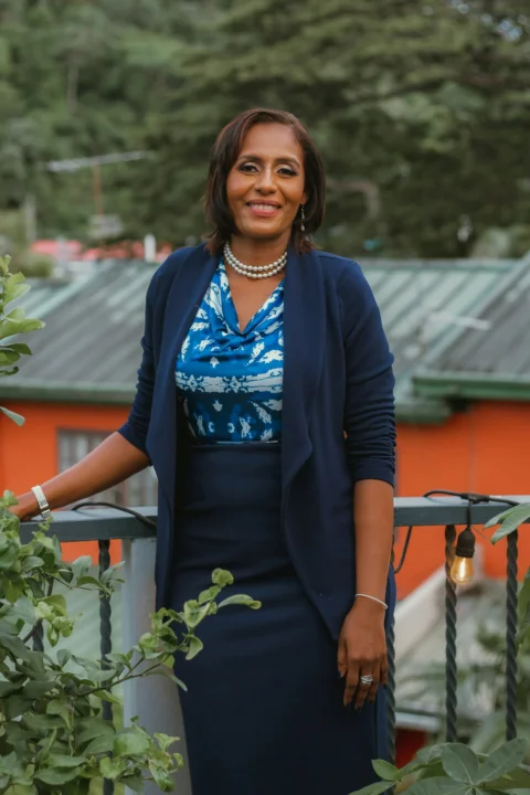 a woman in a blue dress