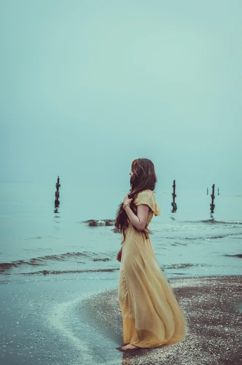 woman, beach, dress, ocean