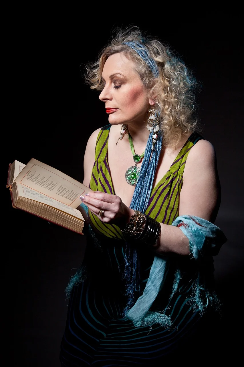 mature woman, story teller, reading, book