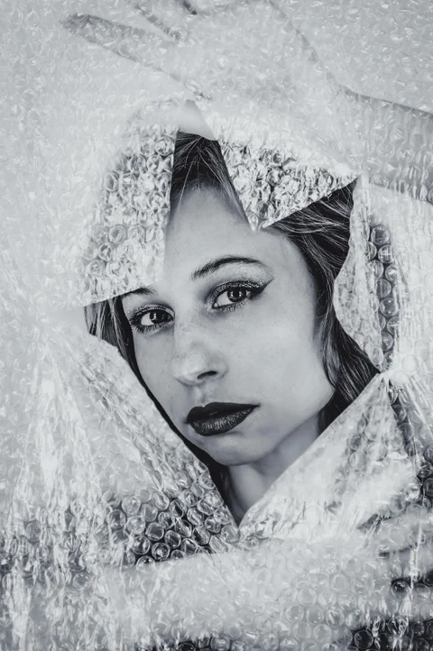 bubble wrap, woman, portrait, black and white