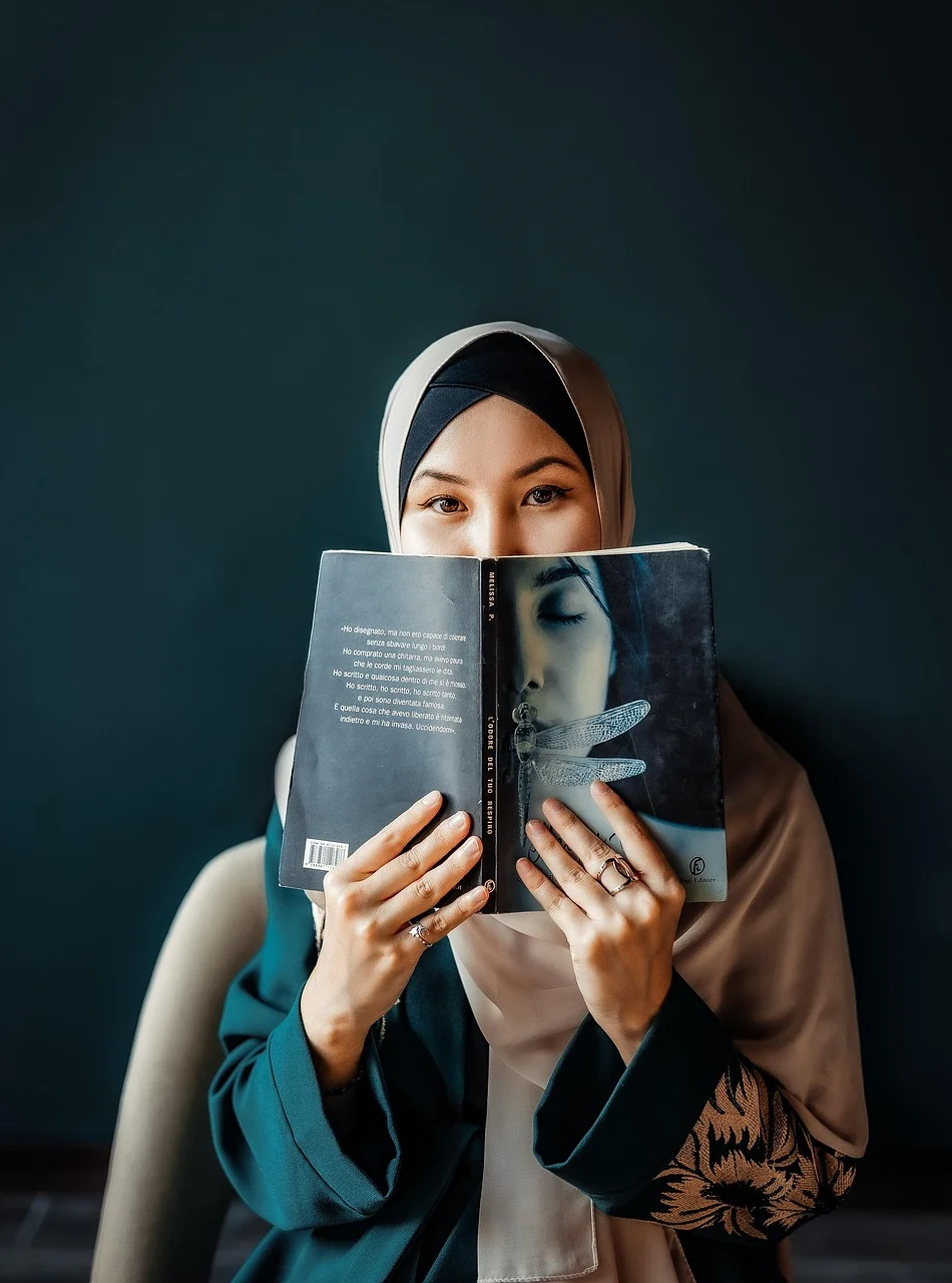 woman, book, library, hijab