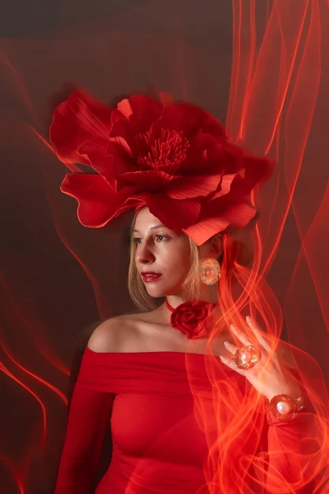 woman, model, studio, red hat