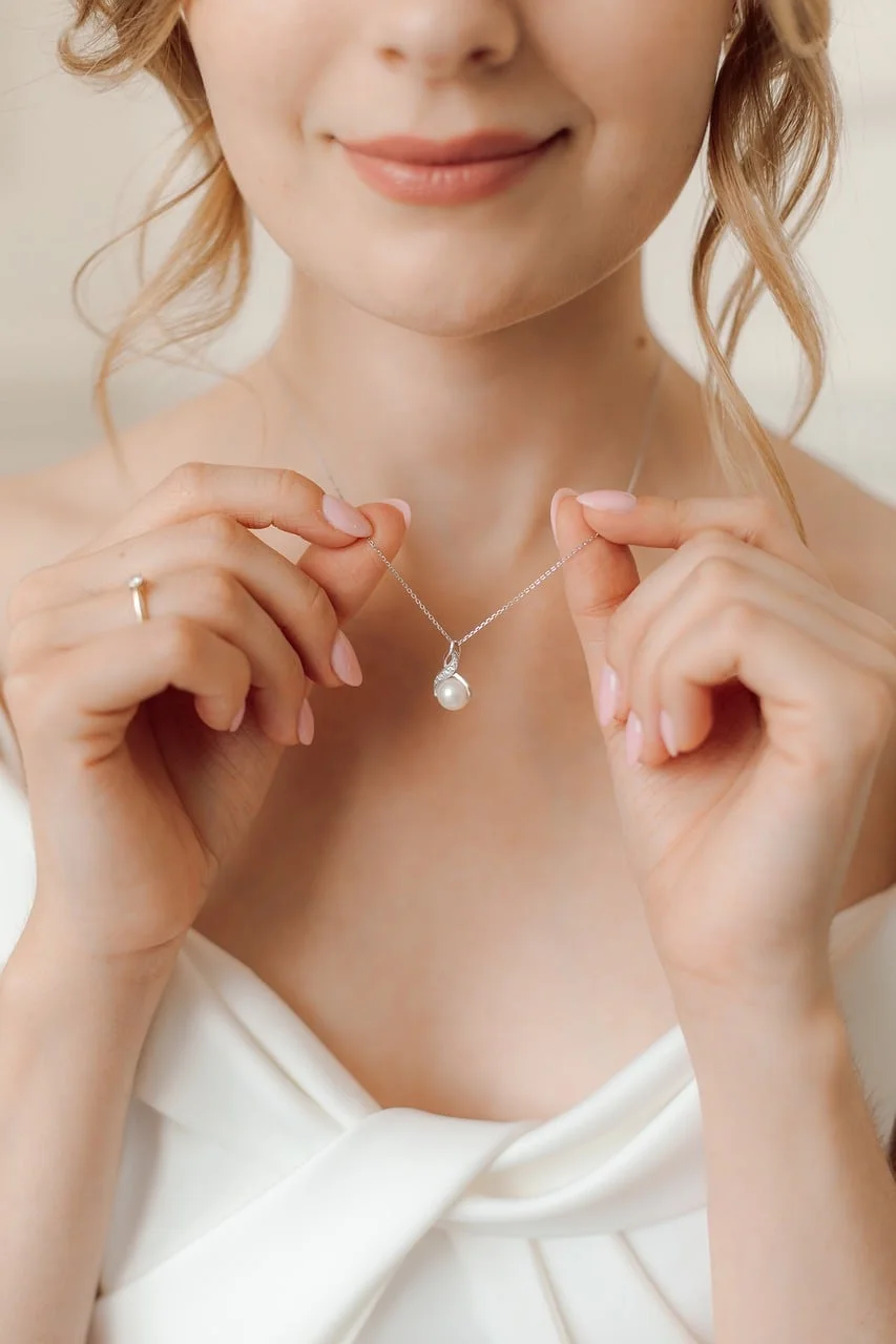 woman, pearl necklace, ring, wedding