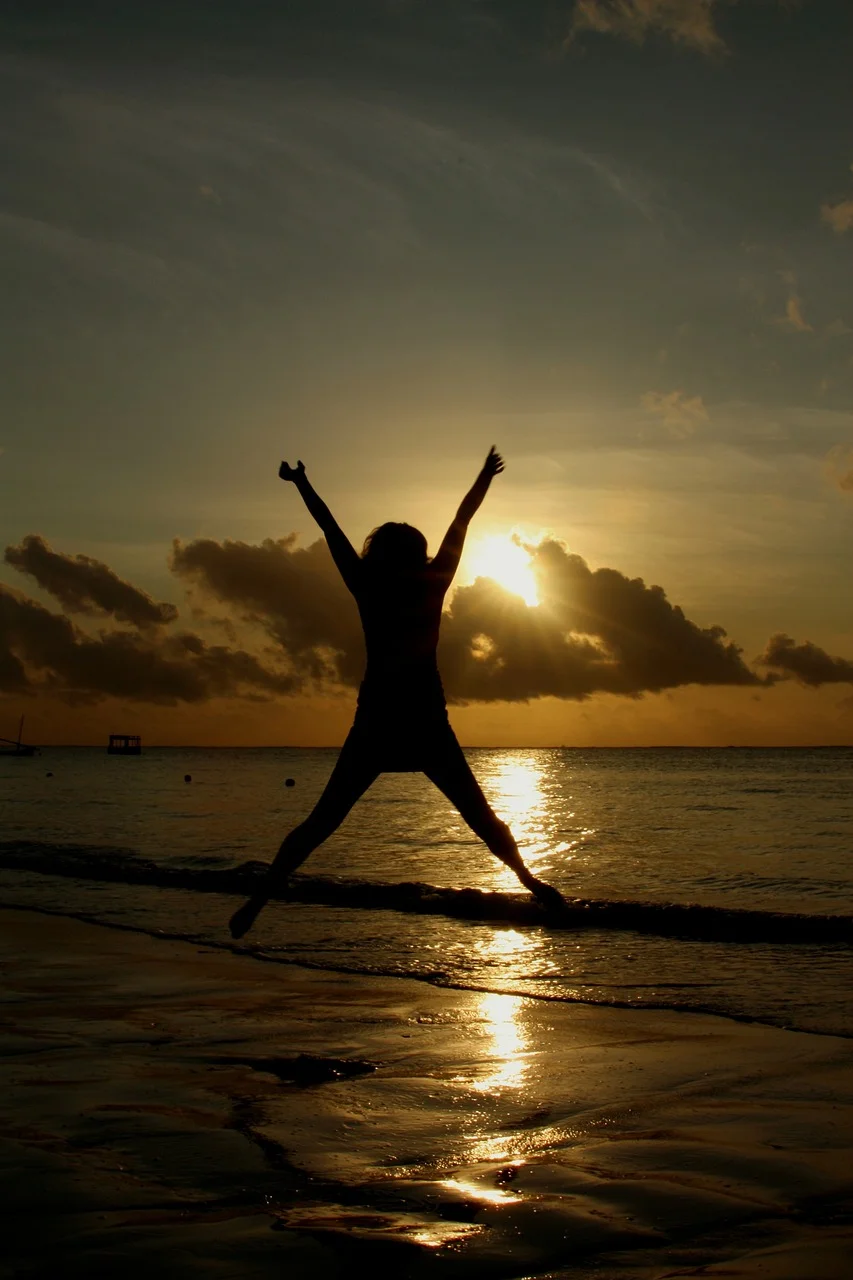 sunset, jump, beach, seaside
