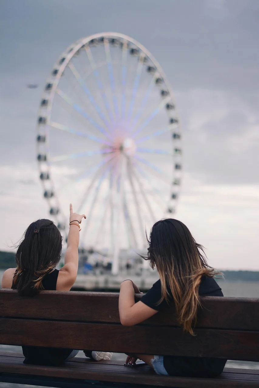 bench, ferris wheel, girls, people
