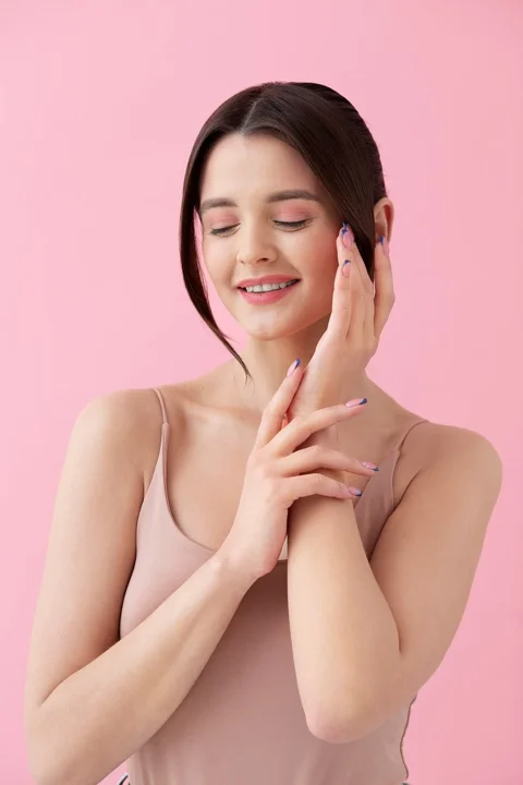 woman, smile, peaceful, pink background